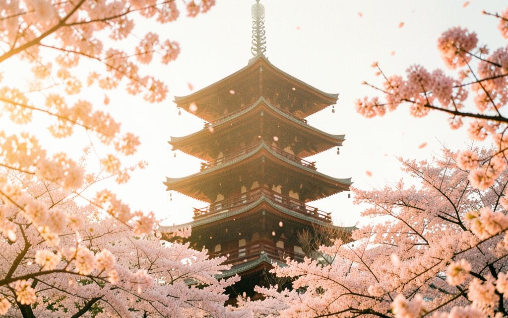 A five-story Kyoto pagoda framed by cherry blossoms in full bloom at golden hour