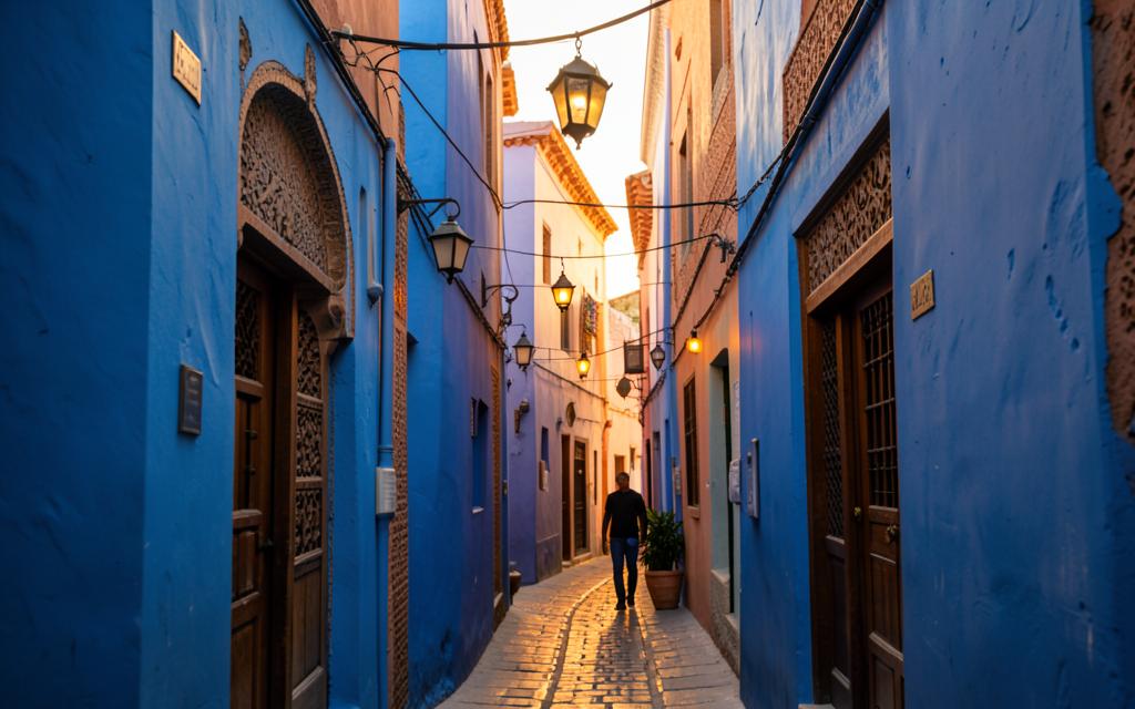 A lantern-lit blue-washed alley in Morocco with ornate carved wooden doors