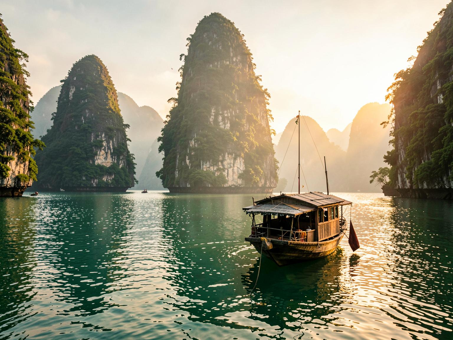 A traditional wooden boat on emerald water among the limestone karsts of Vietnam's Lan Ha Bay at golden hour